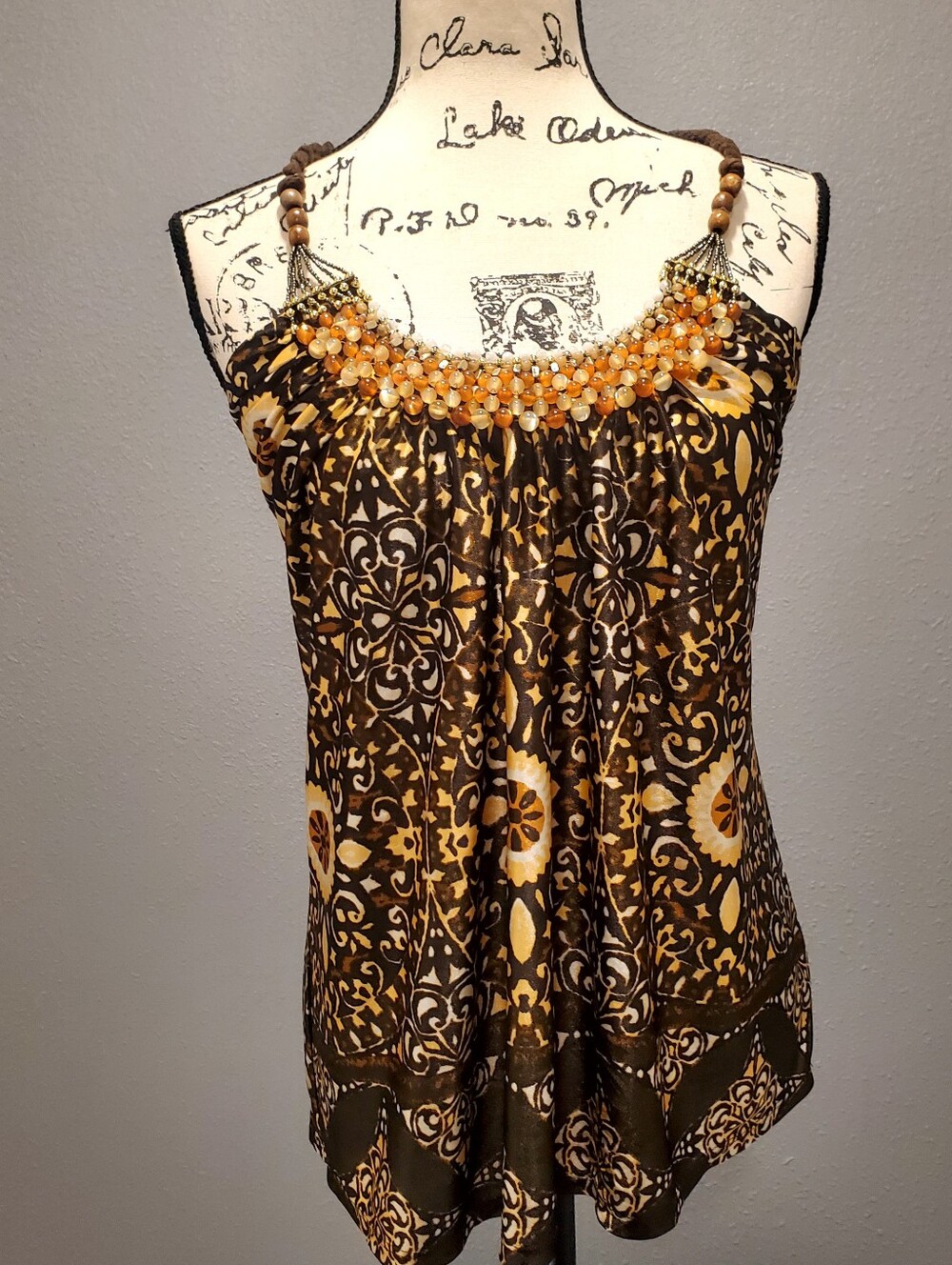 Y2K Grass Collection Beaded Halter Tank Top in Brown and Gold Size Medium